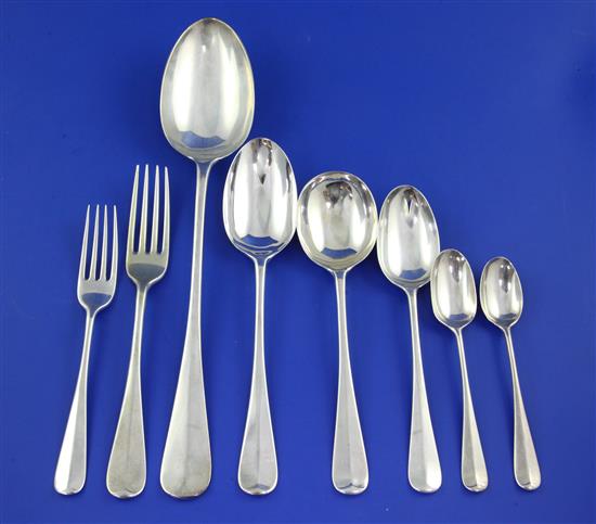 A George V part suite of silver Hanoverian rat-tail pattern flatware by Francis Stebbings, 64.5 oz.